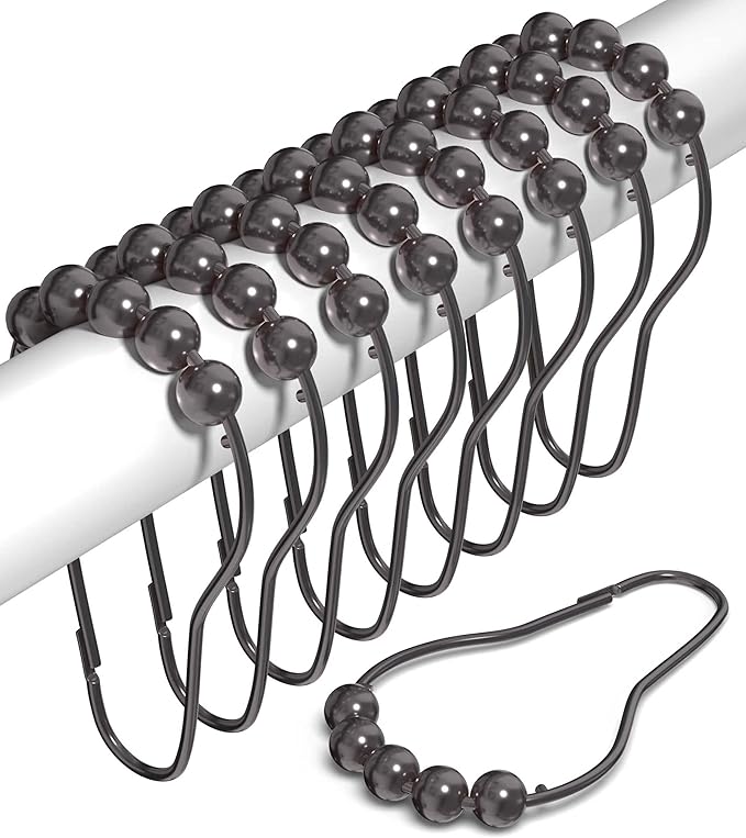 Shower Curtain Hooks Rust Proof (Set of 12) - Stainless Steel Shower Curtain Rings - Anti Slip Roller Balls for Easy Glide (Secure Lock Hooks, Bronze)