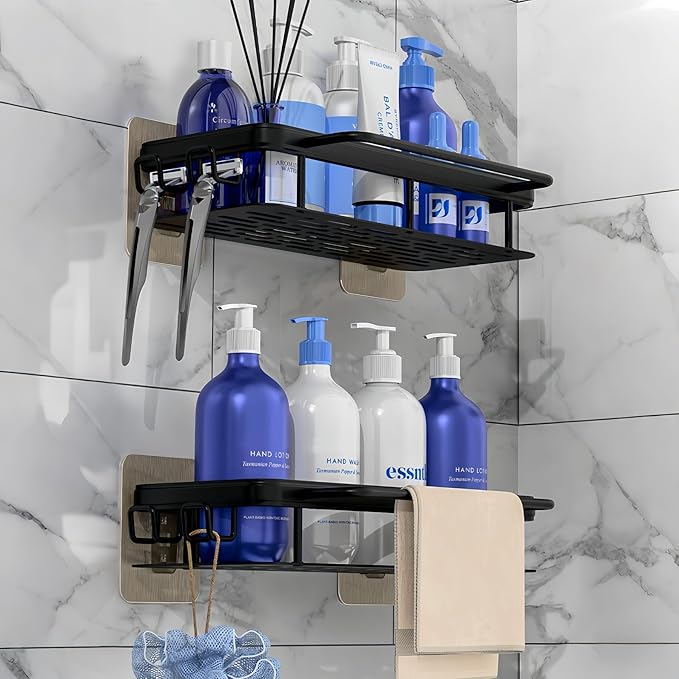 Flat Panel Design Shower Caddy,Anti-Tip & Anti-Fall Bathroom Organizers and Storage,2-Pack Rust-Resistant Aluminum Shower shelves with 2 Towel Bars & 4 Hooks,Spacious Bathroom Accessories Set