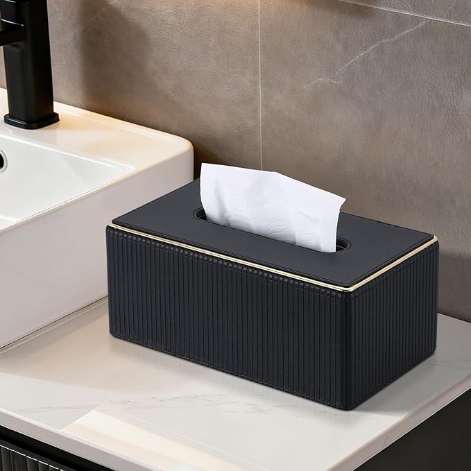GORESE PU Leather Tissue Box Cover for Kleenex, Rectangle Tissue Box Holder, Rectangular Decorative Tissue Holder for 120(3-Ply)/160(2-Ply) Tissue Box, Black