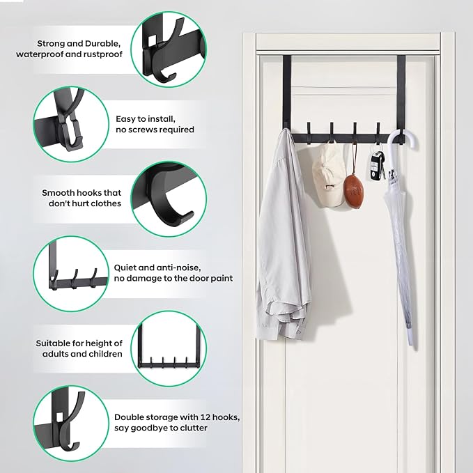 2 Pack Over The Door Hooks - NO NAIL over door hanger holder,NO ASSEMBLY REQUIRED large over the door towel rack with 12 hooks, heavy duty hooks for bathroom,bedroom,hanging towels,coats (Black)