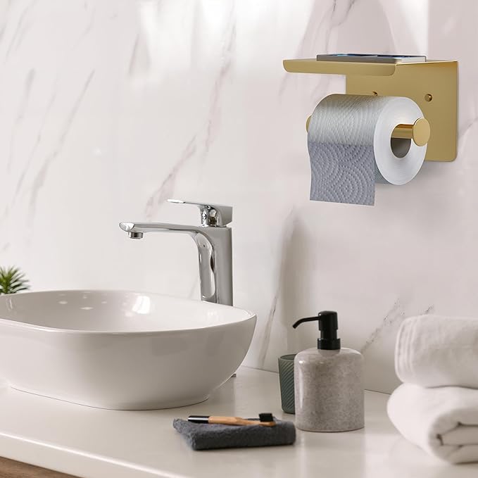 Brushed Gold Toilet Paper Holder with Shelf, SUS304 Stainless Steel Wall Mounted, Dual Installation Adhesive or Screw, Rustproof Modern Bathroom Tissue Roll Holder