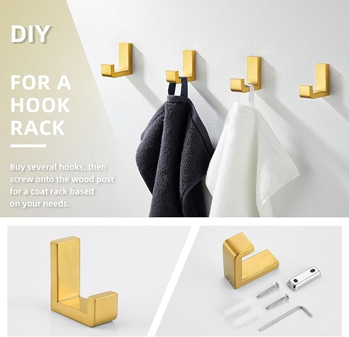 Angle Simple Towel Hook for Bathroom, SUS 304 Stainless Steel Shower Wall Coat Hook, Bath Robe Holder Hanger, Brassy Gold