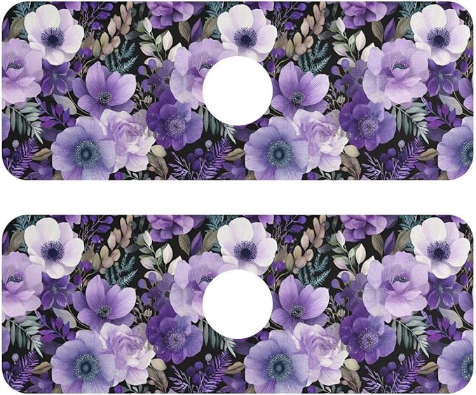 Purple Black Lotus Flower Kitchen Sink Splash Guard Sink Faucet Mat Faucet Handle Drip Catcher Drain Mats for Kitchen Bathroom Countertop Absorbent Dish Drying Pad 2Pack 14.7x5.4IN