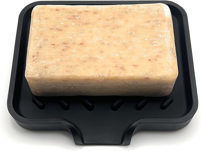 Happitasa Silicone Soap Dish Tray and Sponge Holder with Drain Chute and Feet | 3-Way Sloped Design | Bathroom and Kitchen Sink Organizer Caddy (Black, 5"x4")