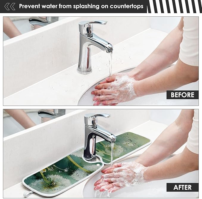 Sink Faucet Absorbing Mat Kitchen Sink Splash Guard Splash Faucet Drip Catcher for Bar RV Bathroom 2PCS 30x5.5in Sage Green Dandelion