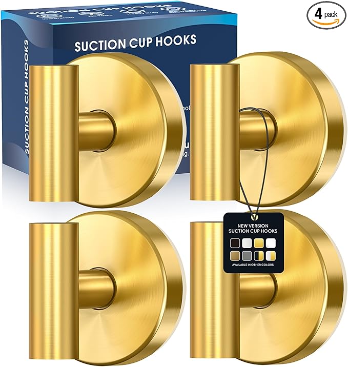 Suction Cup Hooks for Shower,Heavy Duty Shower Towel Suction Hooks,No Drill Wall Mounted Towel Hooks for Bathrooms Wall,Kitchen,Glass,Mirror,Tile to Hang Towels,Robes,Coat-Gold(4 Pack)