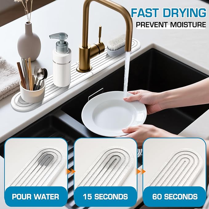 White 23.6" Oval Diatomite Stone Faucet Mat for Kitchen Sink-Absorbent Fast Drying Splash Guard&Countertop Protector | Durable Kitchen & Bathroom Sink Mat,Stone Faucet Tray for Water Catching