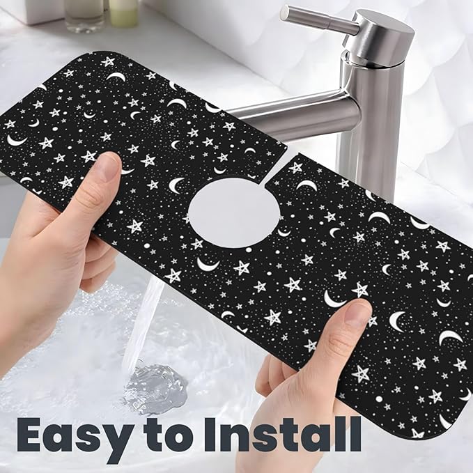 Black And White Moon Star Kitchen Sink Splash Guard Faucet Mat Super Absorbent Fast Drying Mat Sink Gadgets-Fast Drying Pad Sink Mat For Kitchen Bathroom (15" X 5.5" )