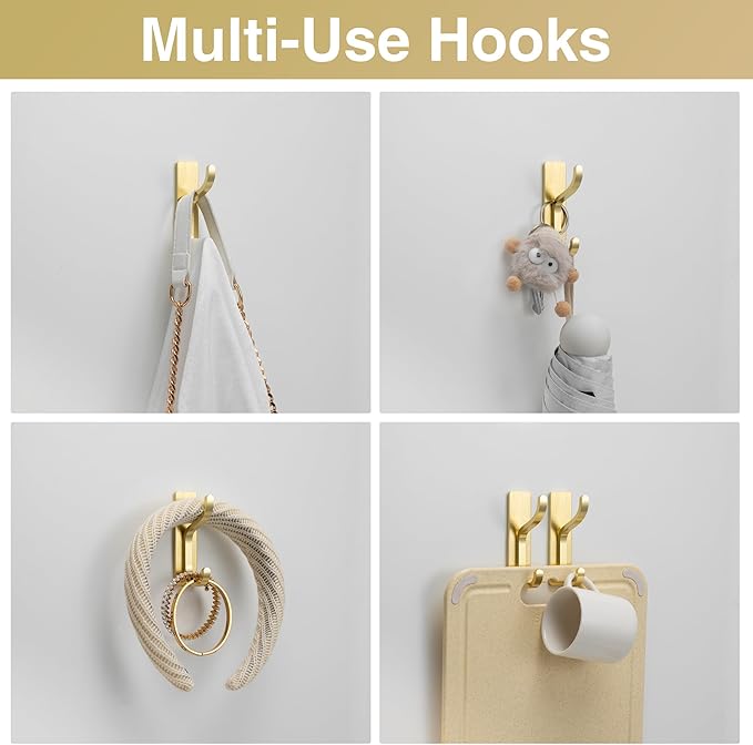 niffgaff Wall Hooks for Coat and Towel: 13lb Adhesive Door Hanger Stick On, Sticky Hook for Wall, Closet, Bathroom - Stainless Steel, Brushed Gold, 10 Pack