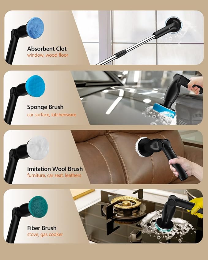 Leebein Electric Spin Scrubber, Cordless Cleaning Brush with 4 Adjustable Angles & 8 Replaceable Brush Heads, 2 Speeds & Remote Control, Long Handle Spin Scrubber for Bathroom Cleaning, Tub, Floor