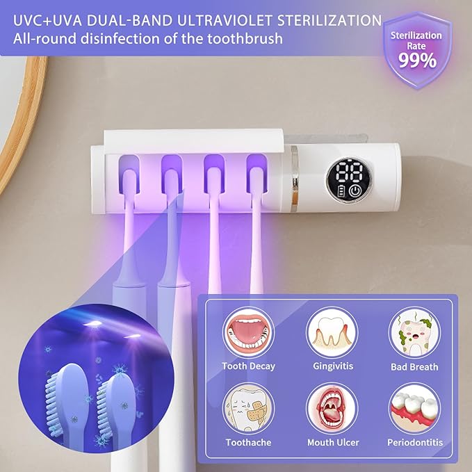Toothbrush Holders for Bathroom, Smart Automatic Cleaning and Recirculating Air Dry, LED Display, Rechargeable Wall Mounted Toothbrush Holder, Creative Fashion Bathroom Accessories (White)