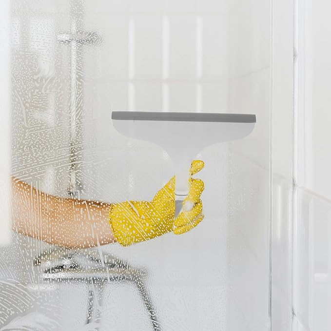 Milisten Shower Squeegee with Flexible Rubber Blade and Curved Handle, Gray-White Window Cleaning Squeegee for Bathroom Glass Doors, Tiles, Mirrors, and Home Use