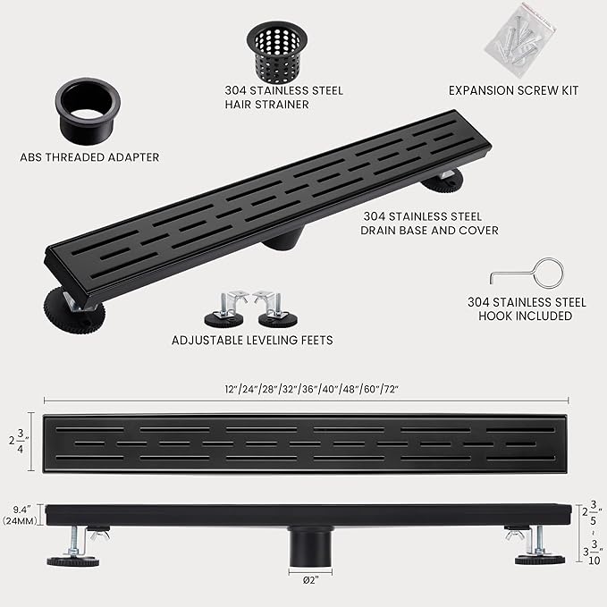 12 Inch Linear Shower Drain, Matte Black Shower Drain,Removable Grate, 304 Stainless Steel, Easy to Install and Clean for Bathrooms (Drain Base Not Included),LSD-01A-12B