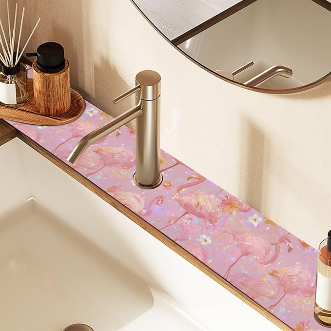 Kitchen Sink Splash Guard 2 PCS 30 Inch Sink Faucet Mat Splash Guard for Bathroom Countertop Water Absorbent Foldable Cuttable Soft Washable Pink Gradient Flamingo and Petals