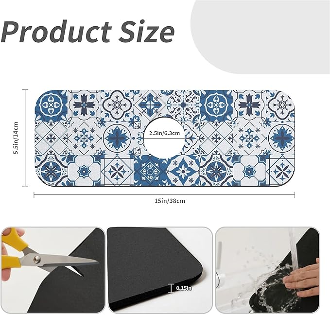 Kitchen Sink Splash Guard，Floral Mosaic stitching Faucet Mat Sink Gadgets-Super Absorbent Fast Drying Mat Drip Catcher for Kitchen, Bathroom,Sink Mat, Dish Drying Mat, Bathroom(15" X 5.5" )