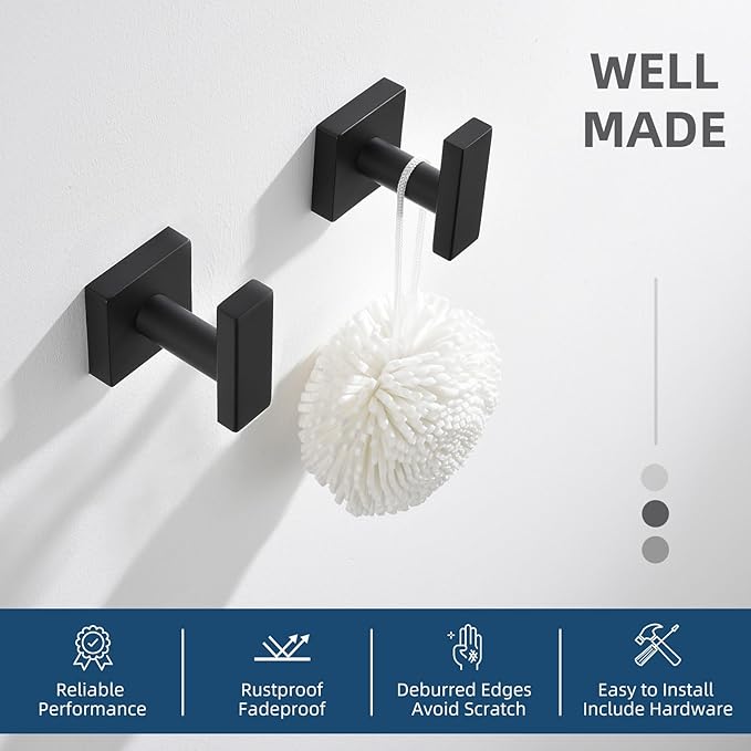 Angle Simple Matte Black Towel Hooks, SUS 304 Stainless Steel Bathroom Wall Hooks for Towel, Robe Coat Holder, 4 Pack