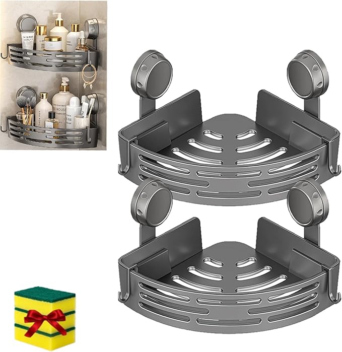 Suction Cup Corner Shower Shelf, No-Drill Bathroom Corner Caddy,Triangle Suction Cup Corner Shelves, Removable Wall Storage Rack (B)