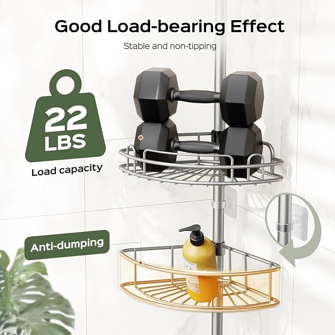HAMITOR Corner Shower Caddy Tension Pole: 4-Tier Rust-Resistant Adjustable Bathroom Organizer Shelves - 47-121 Inch No-Drill Quick Installation - Space-Saving Storage for Renters Family - Silver Gray