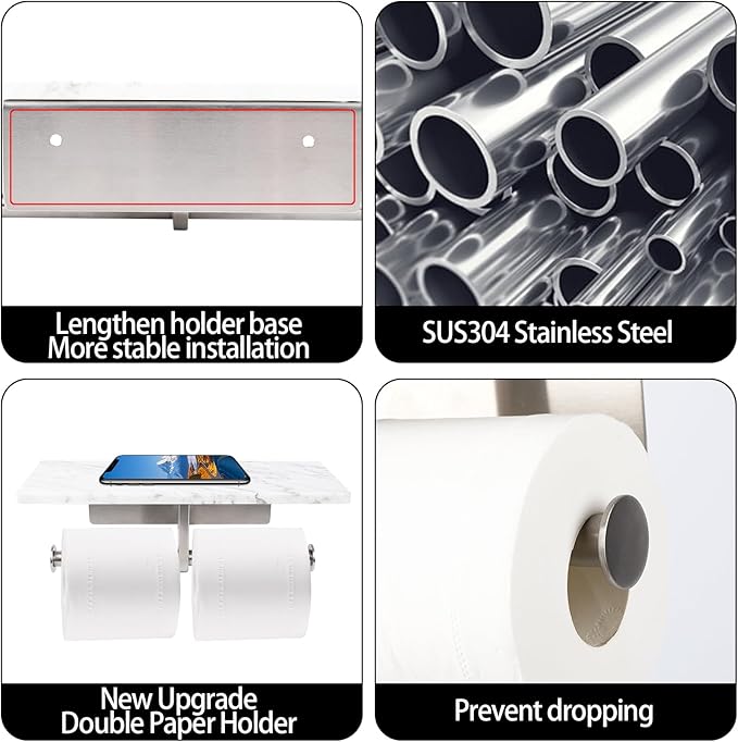 Toilet Paper Holder with Natural Marble Shelf for Bathroom Washroom,Wall Mounted Tissue Holder Suitable for Mega Roll (Brushed Nickel, Large 11.8 * 4.7)
