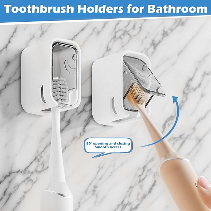 3 Pcs Toothbrush Holders for Bathroom【Upgrade Single Slot Design】 Toothbrush Holder Wall Mounted with Cover, Self-Adhesive Tooth Brush Storage Organizer for Family and Travel (3, Grey)