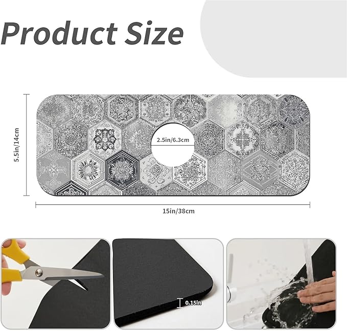 Kitchen Sink Splash Guard，Retro hexagonal tiles Faucet Mat Sink Gadgets-Super Absorbent Fast Drying Mat Drip Catcher for Kitchen, Bathroom,Sink Mat, Dish Drying Mat, Bathroom(15" X 5.5" )