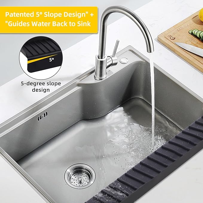Kitchen Sink Splash Guard with Suction Cups, Kitchen Sink Mat, Non-Slip Silicone Sink Edge Protector, Water Splash Guard for Kitchen, Bathroom, Bathtub (Black, 4*24 in)