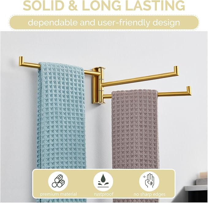 Angle Simple Swivel Hand Towel Rack, SUS 304 Stainless Steel Foldable 3 Towel Holder Bars for Bathroom Kitchen, Brushed Dark Gold