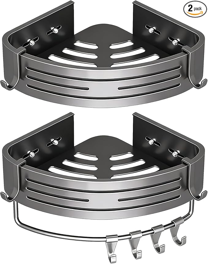 2-Tier Corner Shower Caddy, No Drilling Shower Organizer with Towel Bar and Hooks, 11.8x8.9x2.6 in Adhesive Shower Shelf, Rustproof Aluminum Bathroom Corner Storage
