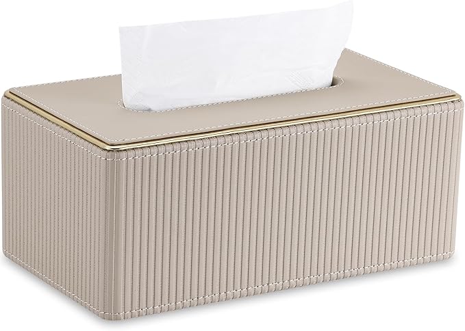 GORESE Rectangular Tissue Box Cover, PU Leather Kleenexs Box Cover, Rectangle Decorative Tissue Box Holder for 120(3-Ply)/160(2-Ply) Tissue Box, Beige