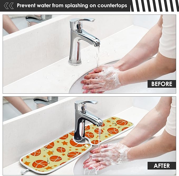 2 PCS Kitchen Sink Splash Guard 14.9 Inch Faucet Mat for Kitchen Sink Bathroom Sink Faucet Absorbing Drip Drain Mat Pad Microfiber Soft Washable Orange and Green Basketball Stars