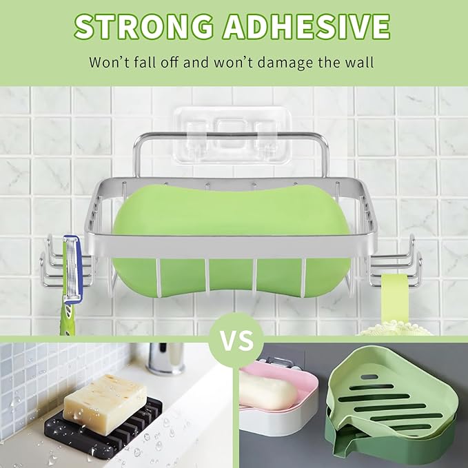 Soap Dish Holder, No Drilling, 304 Rustproof Stainless Steel, Wall Mounted Soap Holder Soap Tray Bar Soap Sponge Holder for Bathroom & Kitchen