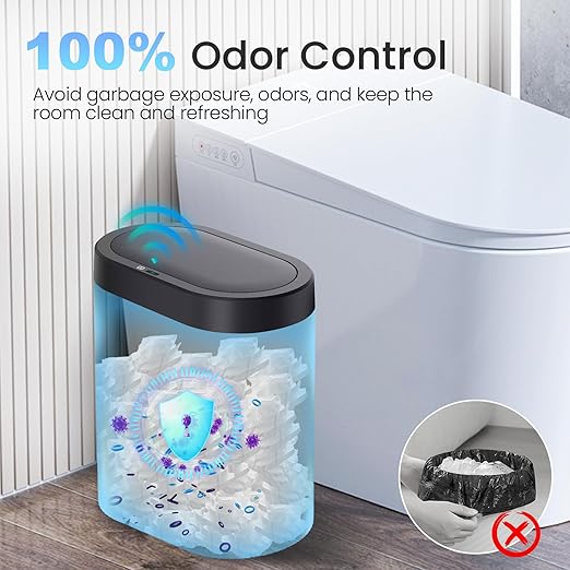 2 Pack 5 Gallon Bathroom Trash Can with Lid, Automatic Motion Sensor Black Trash Can, Touchless Slim Waterproof Garbage Bin for Kitchen, Bedroom, Office, and Bathroom
