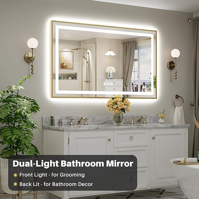 60x36 Inch LED Bathroom Mirror with Gold Frame, Backlit & Front Lit, Anti-Fog Lighted Bathroom Vanity Mirror for Wall, Memory Function, Dimmable, HD Tempered Glass, Shatter-Proof