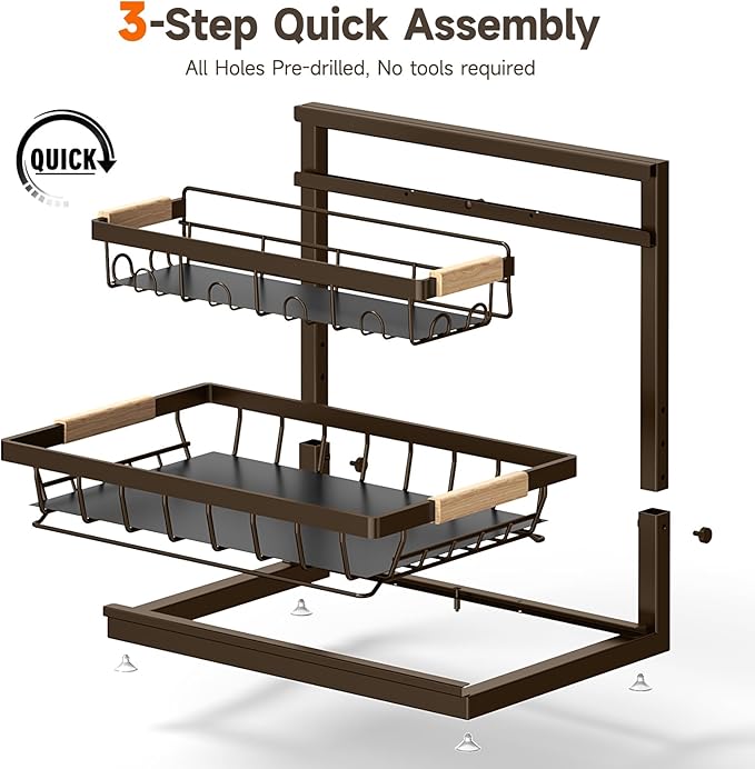 2 Packs Under Sink Organizer, Height Adjustable 2 Tier Under Kitchen sink organizer, Multi-Purpose Storage Shelf for Kitchen Bathroom Cabinet (Brown)