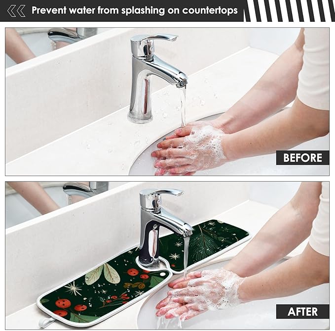 Sink Faucet Absorbing Mat Kitchen Sink Splash Guard Splash Faucet Drip Catcher for Bar RV Bathroom 2PCS 30x5.5in Green Christmas Holly Berries Pine Needles Leaves