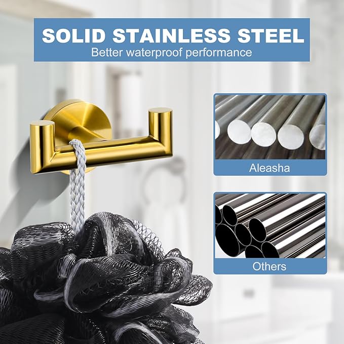 ALEASHA Shower Towel Hook Brushed Gold, Stainless Steel Towel Hanger, Heavy Duty Double Towel Hook, Towel Holder for Bathroom, Wall Mount Robe Hook