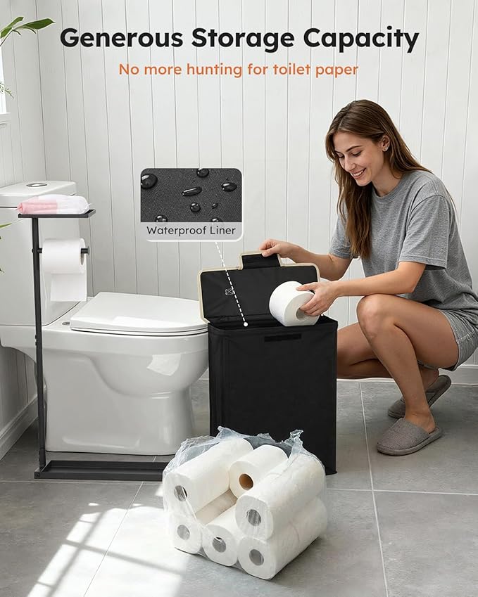 Toilet Paper Holder Free Standing with Storage for Up to 12 Rolls,Rustproof Metal Toilet Paper Stand with Shelf,All-in-One Toilet Tissue Roll Dispenser and Organizer with a Lidded Basket,Black