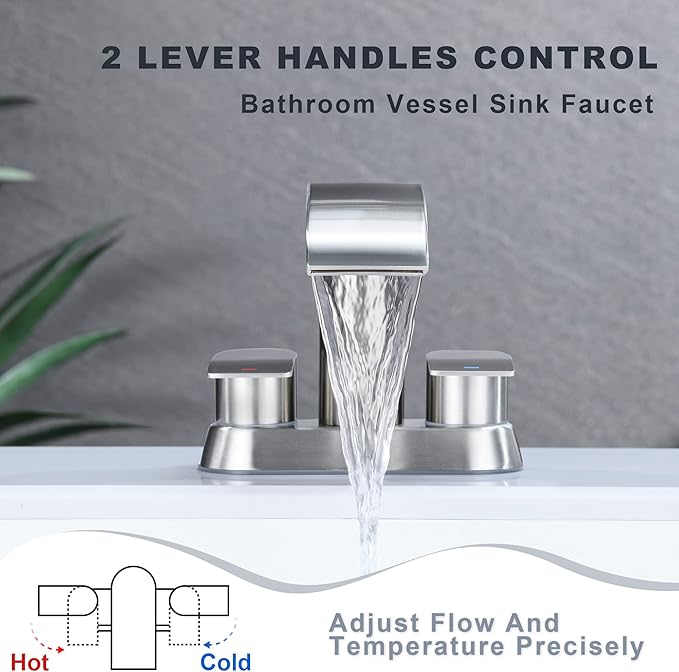 Ultimate Unicorn Waterfall Bathroom Sink Faucet Brushed Nickel, Two Handles Bathroom Faucet with Metal Pop up Sink Drain Stopper, Two Or 3 Holes Bathroom Basin Mixer Tap with Deck Mount Plate
