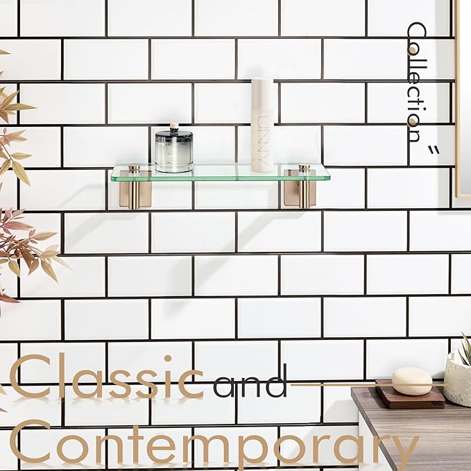 KOKOSIRI Wall Shelves Bathroom Hardware Glass Floating Shelf Small Hanging Rack Storage/Room Decor 12-Inch Champagne Bronze 2 Pack B1105CPG-L12-P2
