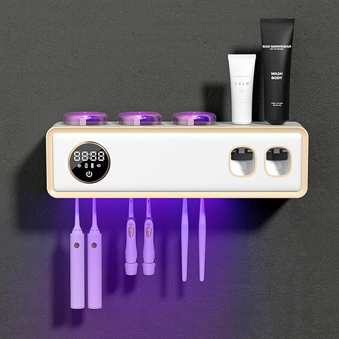 Toothbrush Holders for Bathrooms, UV Toothbrush Sanitizer and Holder Smart Home Bathroom Accessories, 3 Cups Electric Toothbrush Holder Wall Mounted with Toothpaste Dispenser Bathroom Decor (White)