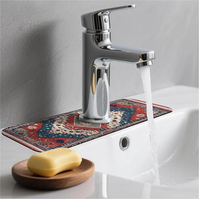Kitchen Sink Splash Guard，Rhombus shaped geometric Faucet Mat Sink Gadgets-Super Absorbent Fast Drying Mat Drip Catcher for Kitchen, Bathroom,Sink Mat, Dish Drying Mat, Bathroom(15" X 5.5" )