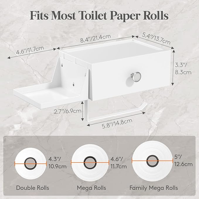 Lifewit Toilet Paper Holder with Shelf and Drawer, Screw or Adhesive Wall Mount Tissue Roll Storage, Dustproof & Flushable Bathroom Wipes Dispenser Organizer, White, 2 Pack