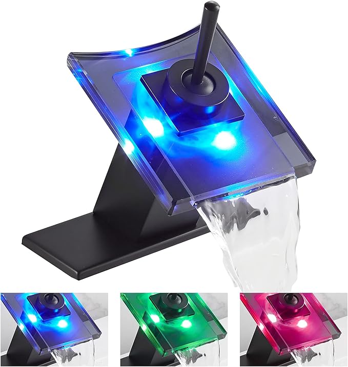 Black Sink Faucet Bathroom LED Light 3 Colors Changing Waterfall Glass Spout Hot and Cold Water Mixer Single Handle One Hole Deck Mounted Bathroom Faucet Lavatory Vanity Basin Mix Tap Commercial