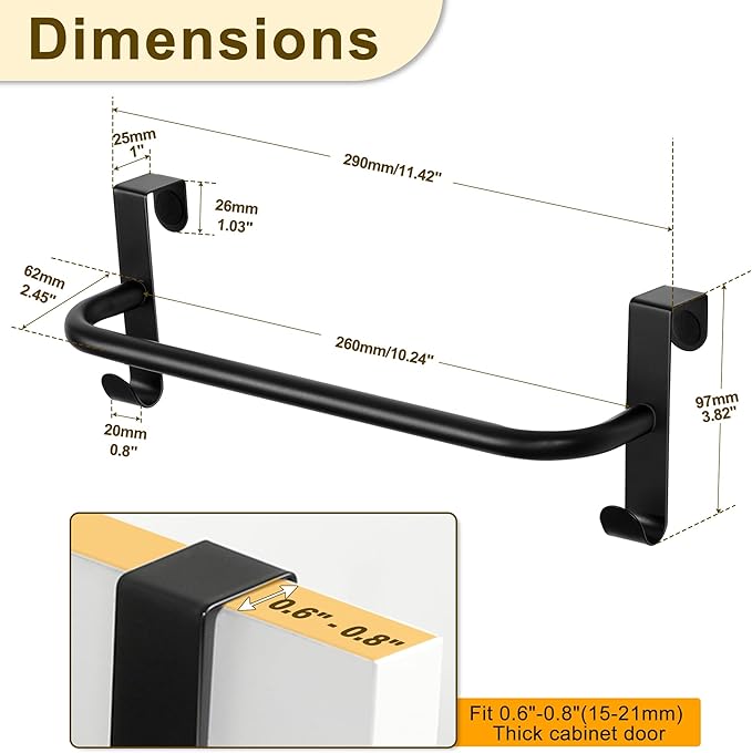 SAYAYO Over Cabinet Towel Bar Black, 10 Inch Kitchen Towel Holder with 2 Hooks, Over The Cupboard Door Dish Towel Rack, 2 Pcs