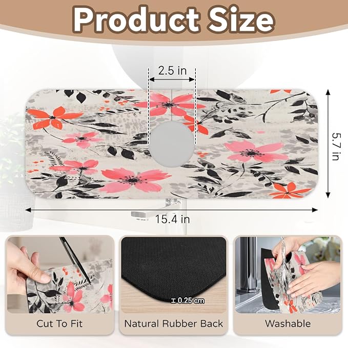 Gray Background Floral Kitchen Faucet Mat Splash Guard, 15.4”x5.7” Absorbent Quick Drying Sink Mat for Countertop Protection, Draining Mat Sink Protectors For Kitchen Bathroom, 2 Pack