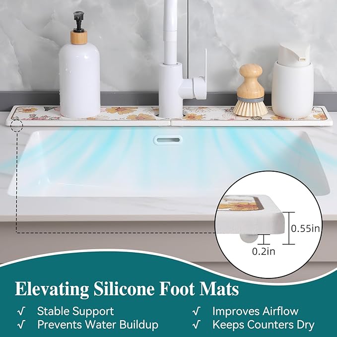 Stone Faucet Mat for Kitchen Sink, Diatomite Stone Sink Tray, 15.8" Super Absorbent Mat for Bathroom Counter, Prevents Moisture Buildup, Stone Drying Mat, Fast Drying Faucet Splash Guard