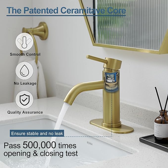 Gold Bathroom Faucets, Modern Single Hole Bathroom Sink Faucet Brushed Gold Single Handle Vanity Sink Faucet 1 Hole with 3 Hole Deck Plate, Pop Up Drain