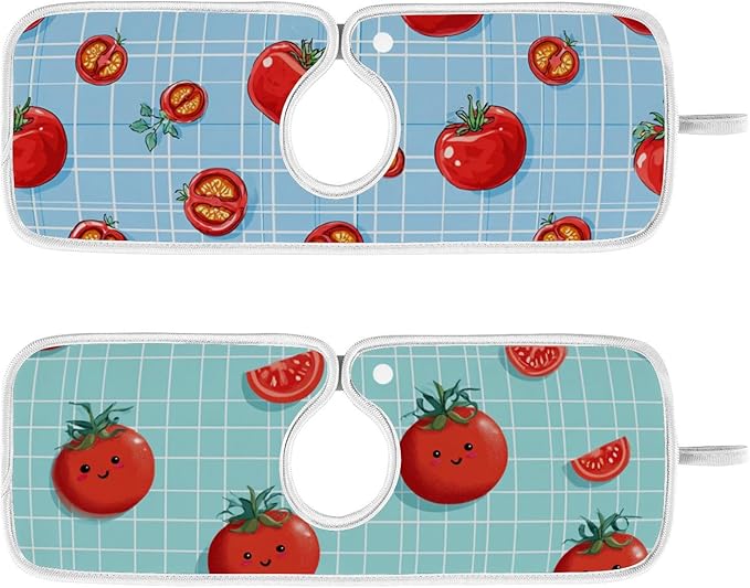 Sink Faucet Absorbing Mat Kitchen Sink Splash Guard Splash Faucet Drip Catcher for Bar RV Bathroom 2PCS 23.6x5.5in Green Grid Cute Tomato