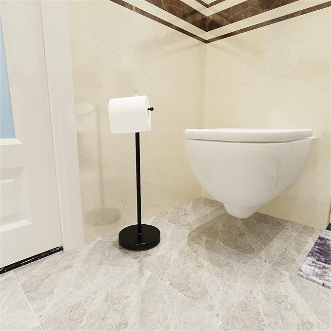 Paper Holder Stand for Floor-Free Standing Toilet Paper Holder Stand for Bathroom Total Height 24.4" with Crystal Ball, Matte Black Finished