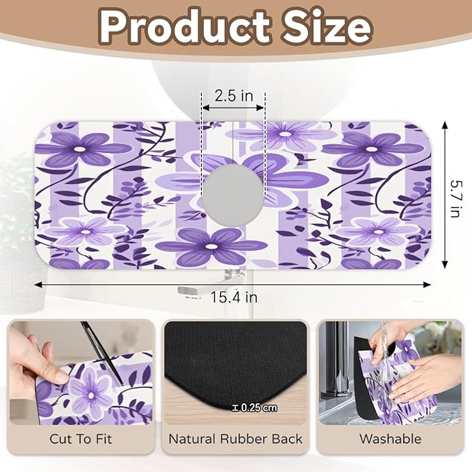 Purple Floral Stripe Kitchen Faucet Mat Splash Guard, 15.4”x5.7” Absorbent Quick Drying Sink Mat for Countertop Protection, Draining Mat Sink Protectors For Kitchen Bathroom, 2 Pack